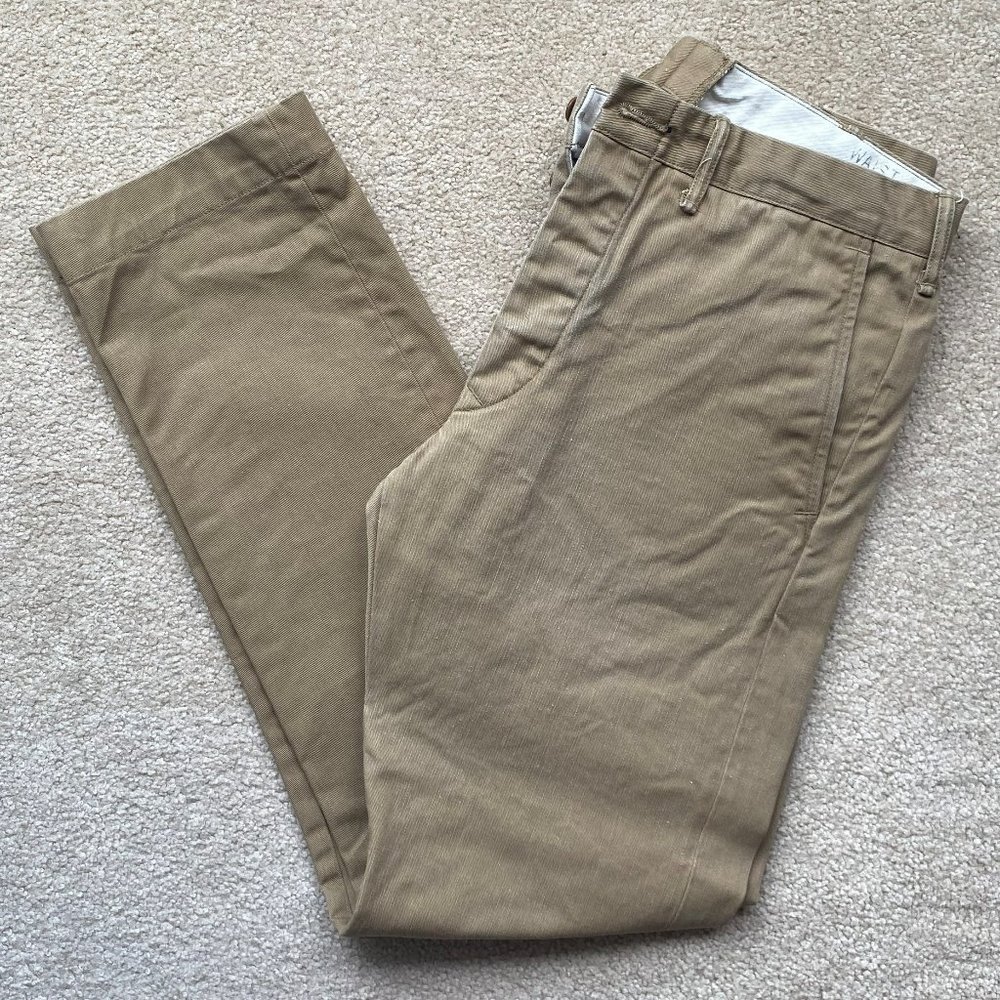 Double RL RRL Ralph Lauren Tan Khaki Officer Selvedge Chino, 33 waist 32 Inseam